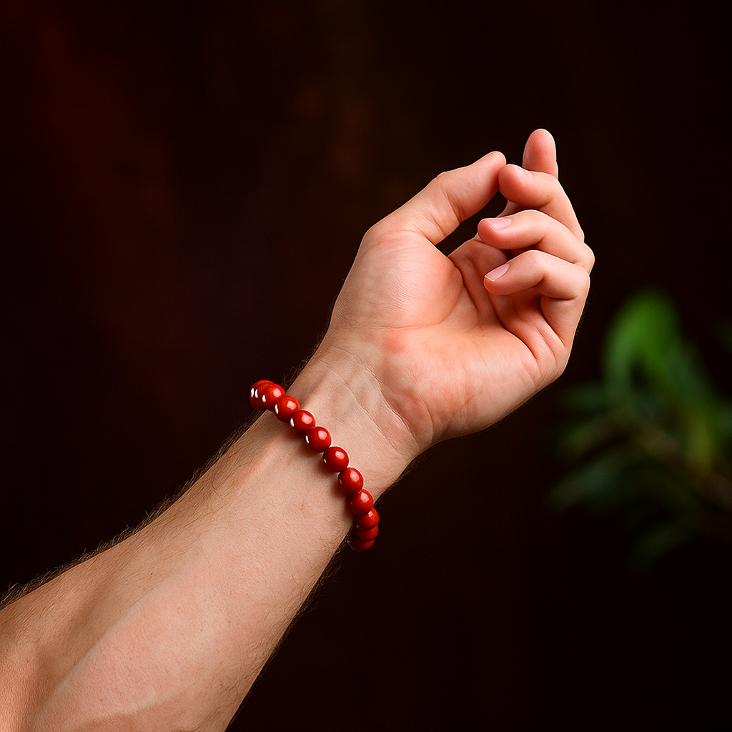 Armband aus simuliertem zinnoberrotem Harz mit rotem Achat-Akzent 