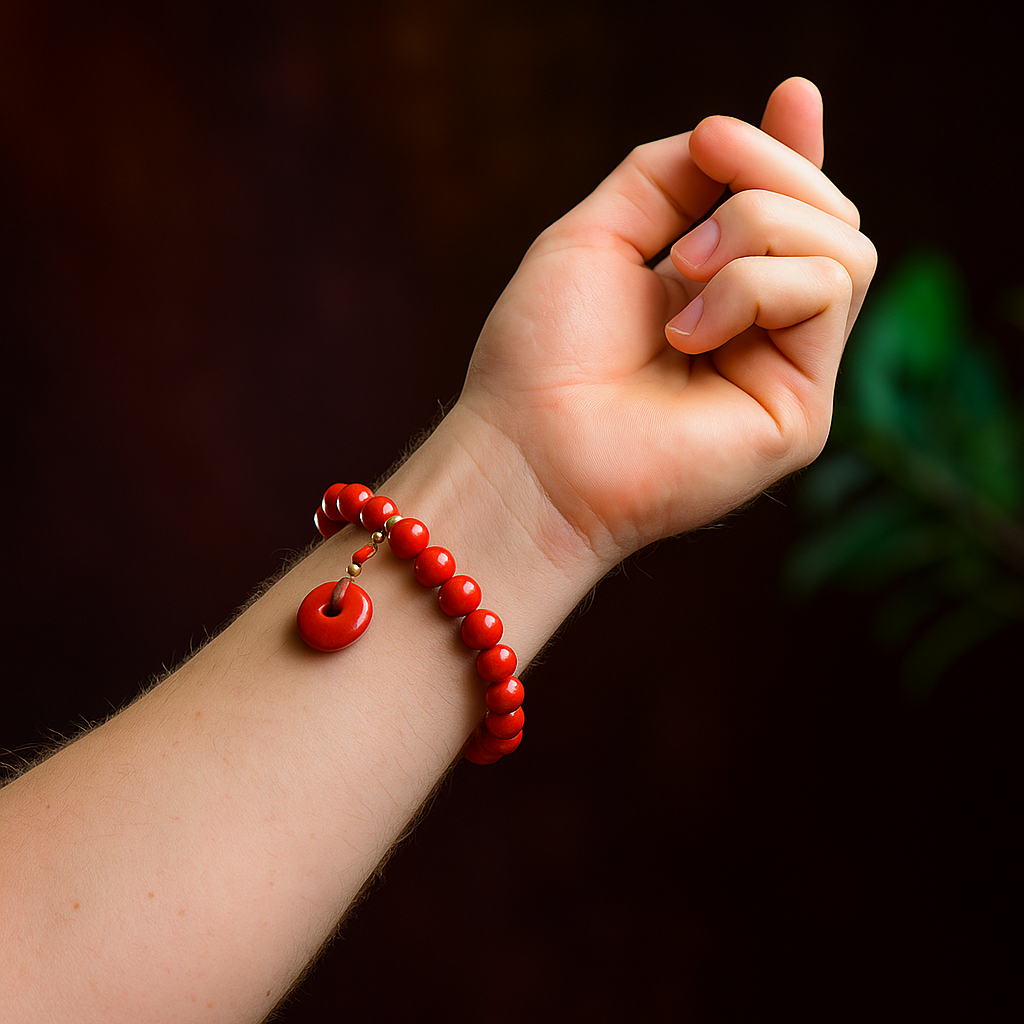 Armband aus Kunstharz in Zinnoberrot mit Obsidian- und Scheibenanhänger 