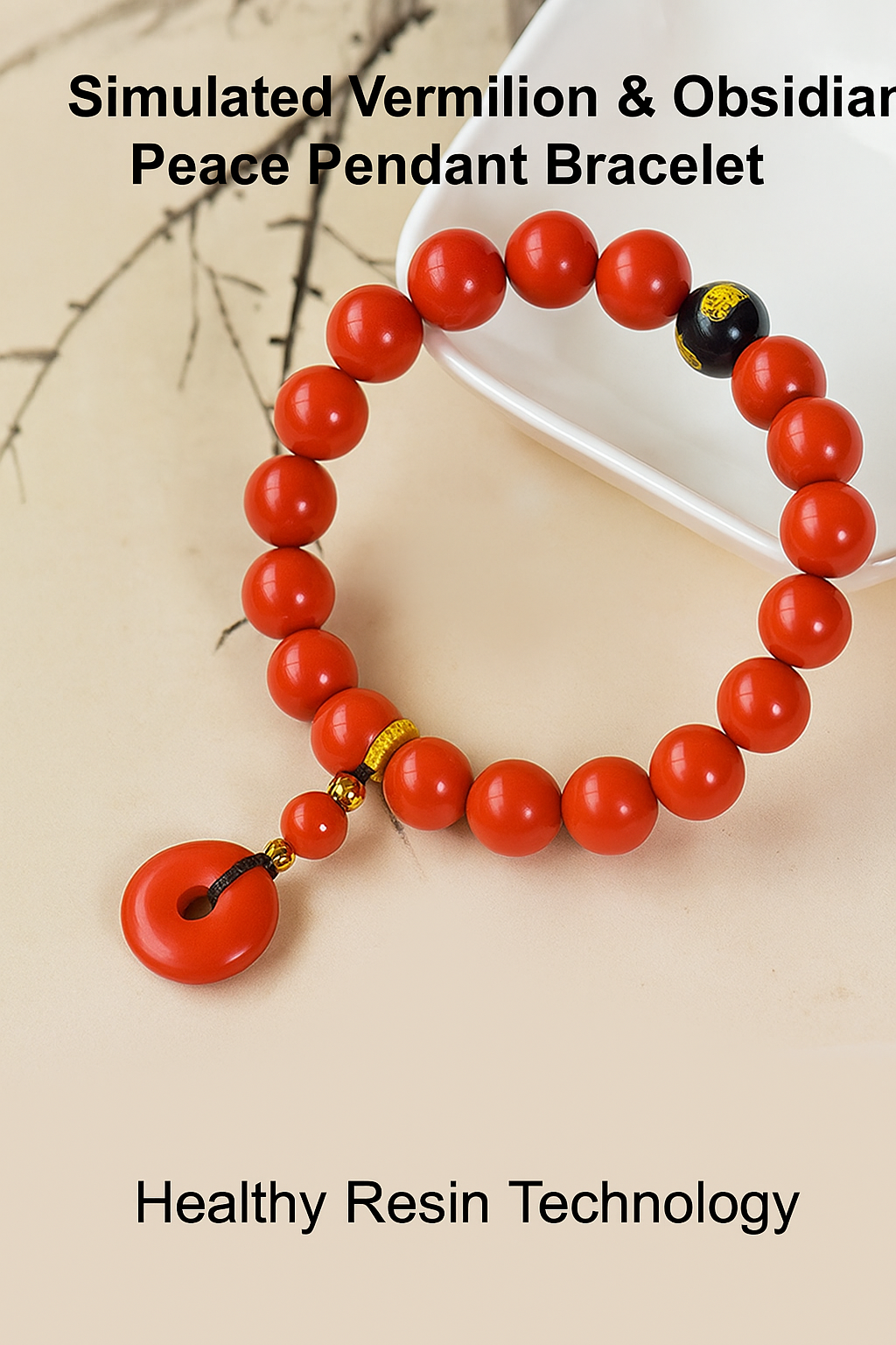 Armband aus Kunstharz in Zinnoberrot mit Obsidian- und Scheibenanhänger 